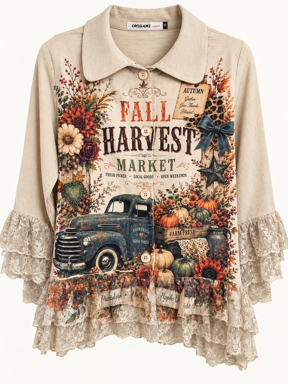 Origami Beige 'Fall Harvest Market' Button-Down Ruffle Hem Shirt